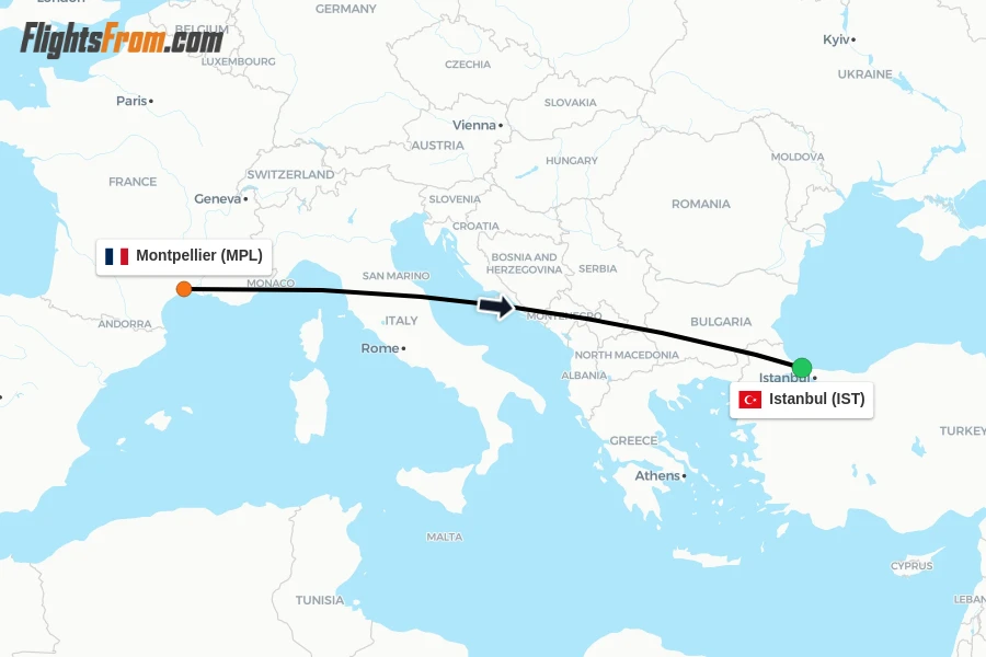 Flights from Montpellier to Istanbul route map