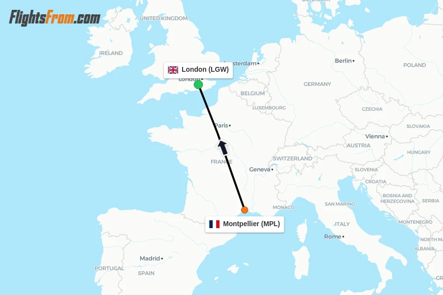 Flights from Montpellier to London route map