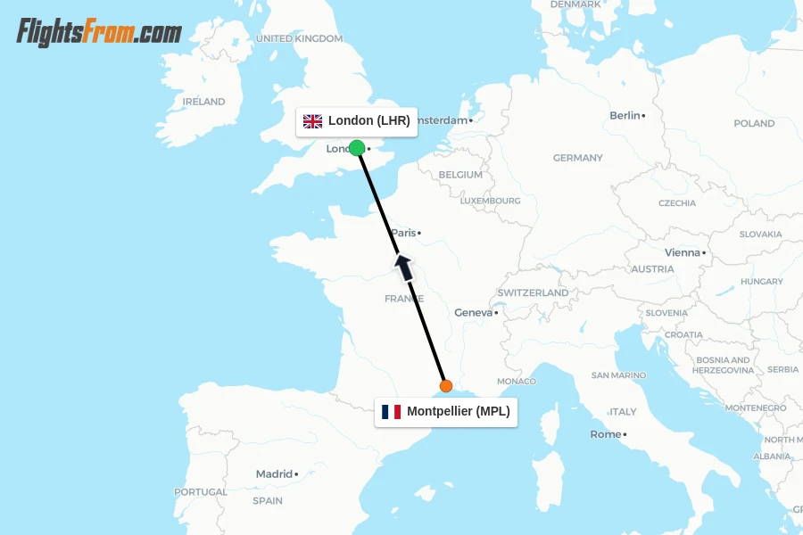 Flights from Montpellier to London route map
