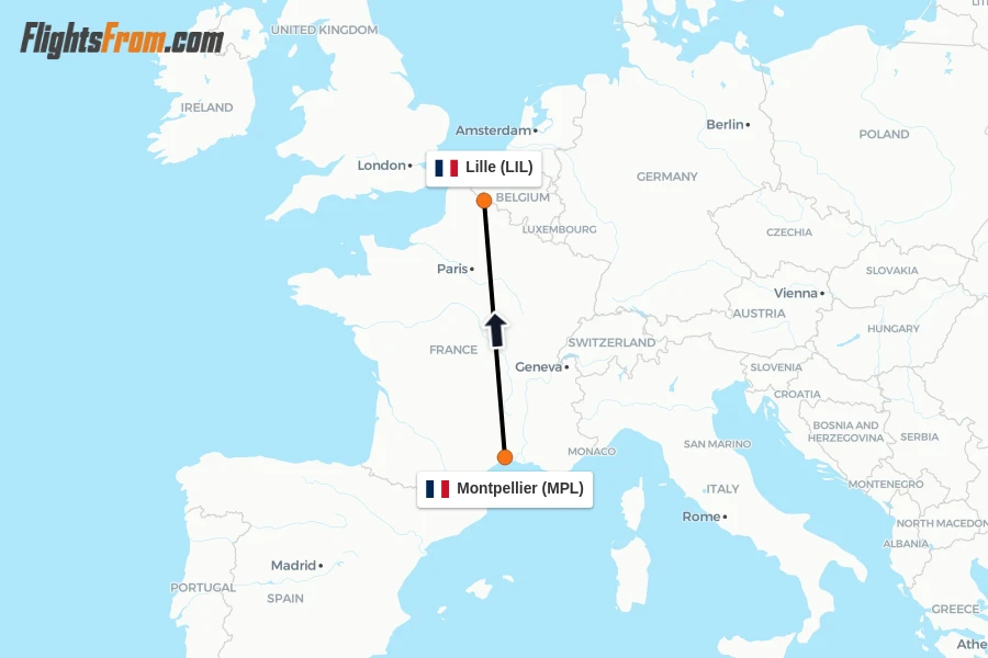 Flights from Montpellier to Lille route map
