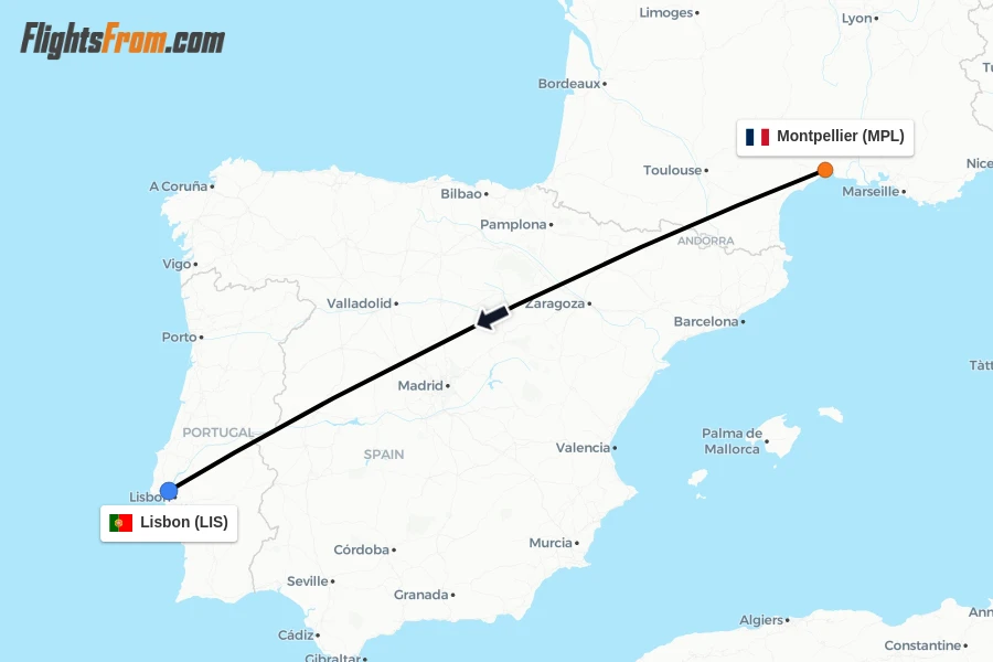 Flights from Montpellier to Lisbon route map