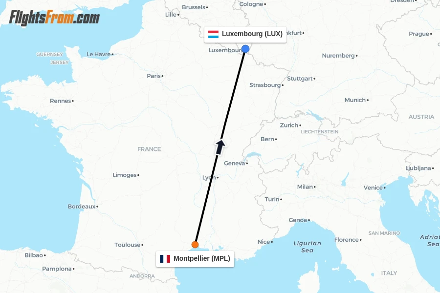 Flights from Montpellier to Luxembourg route map