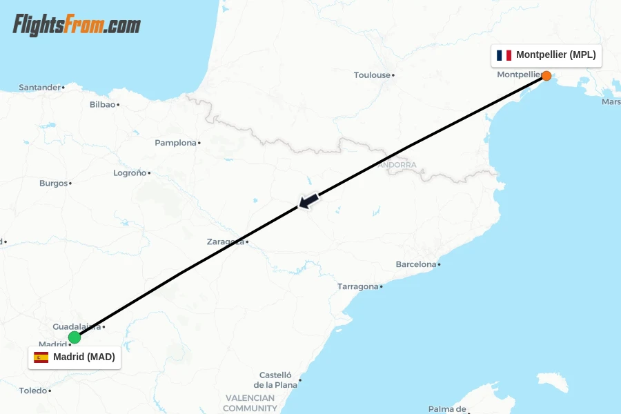 Flights from Montpellier to Madrid route map