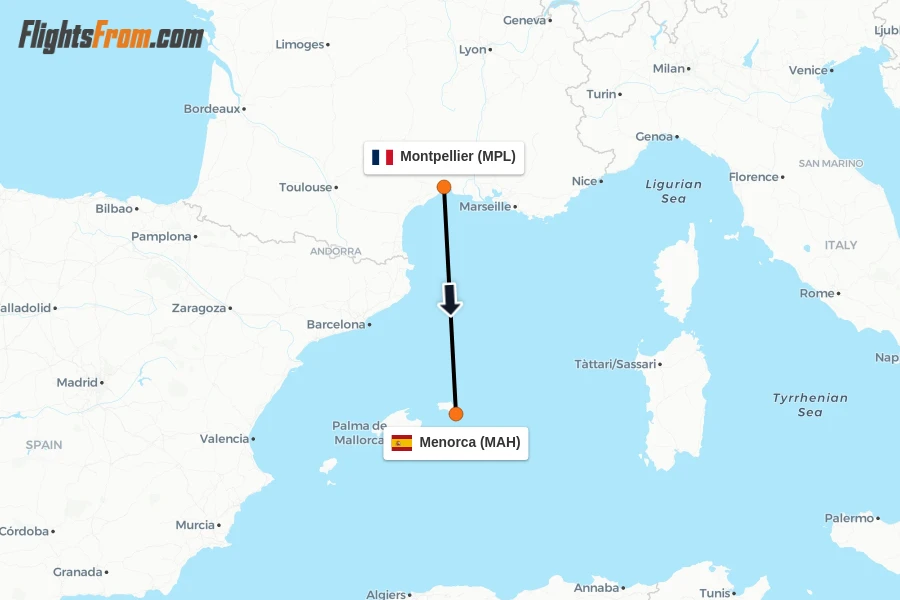 Flights from Montpellier to Menorca route map
