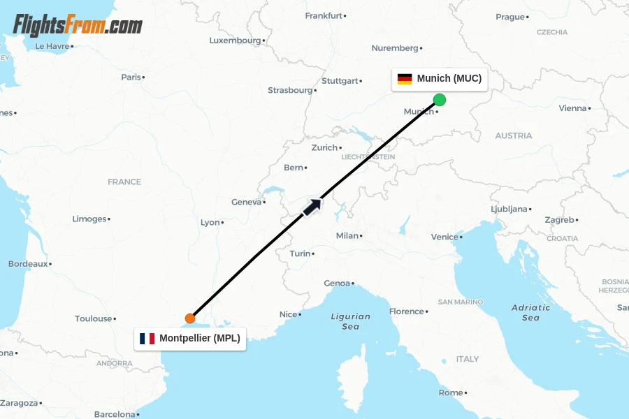 Flights from Montpellier to Munich route map