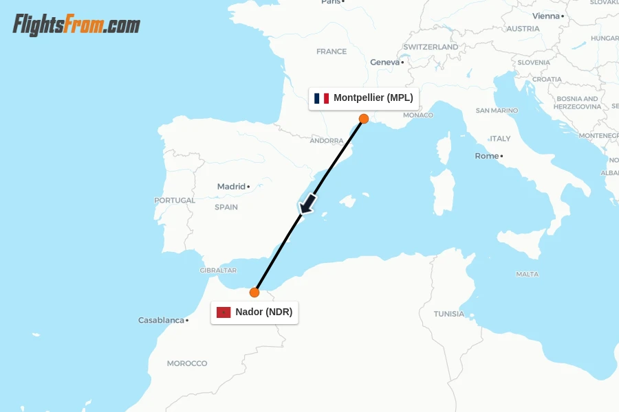 Flights from Montpellier to Nador route map