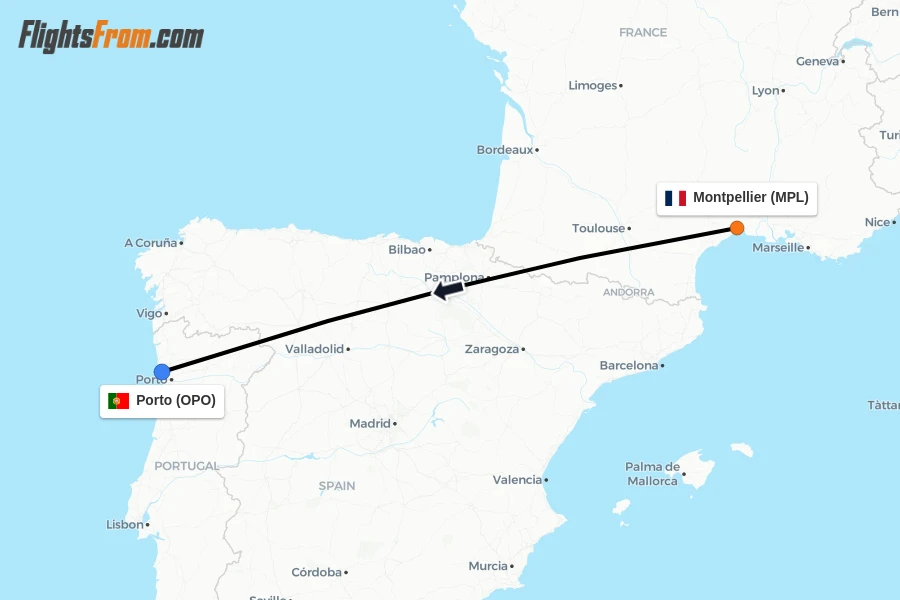 Flights from Montpellier to Porto route map