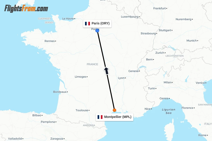 Flights from Montpellier to Paris route map