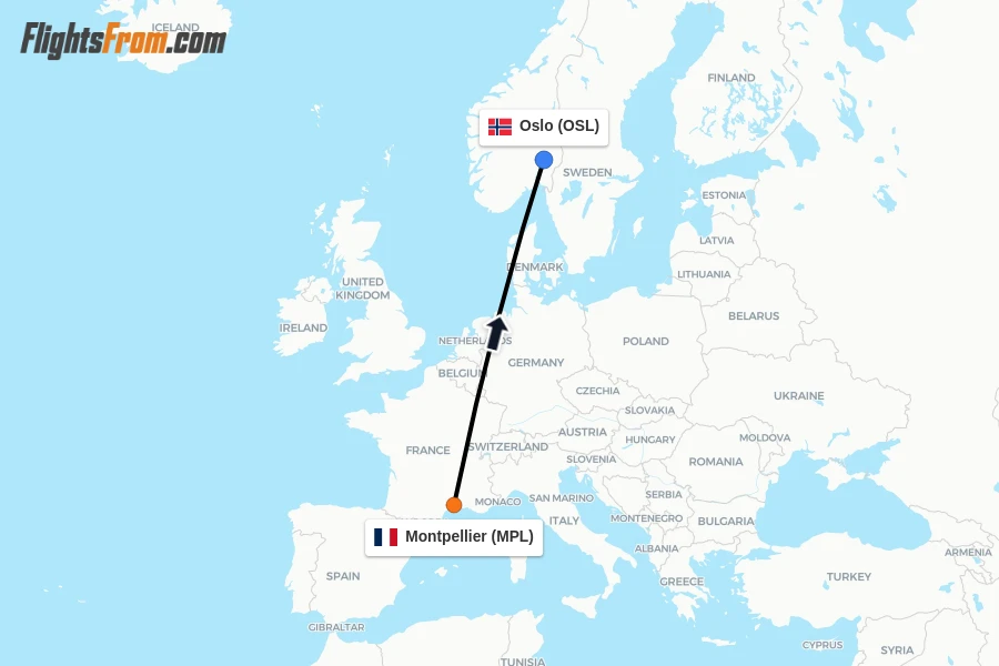 Flights from Montpellier to Oslo route map