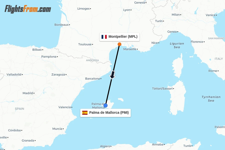 Flights from Montpellier to Palma de Mallorca route map