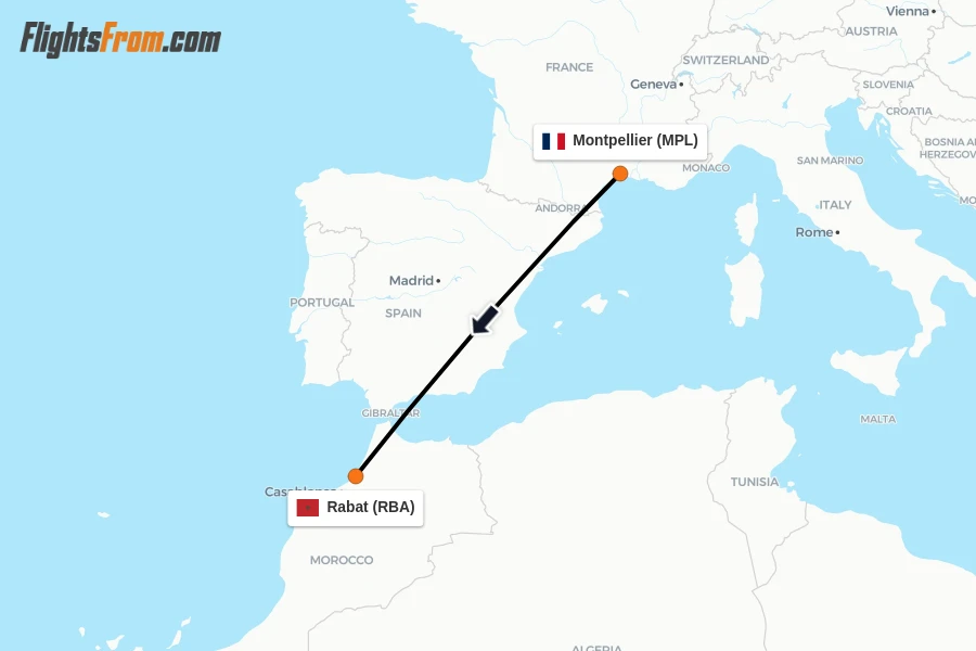 Flights from Montpellier to Rabat route map