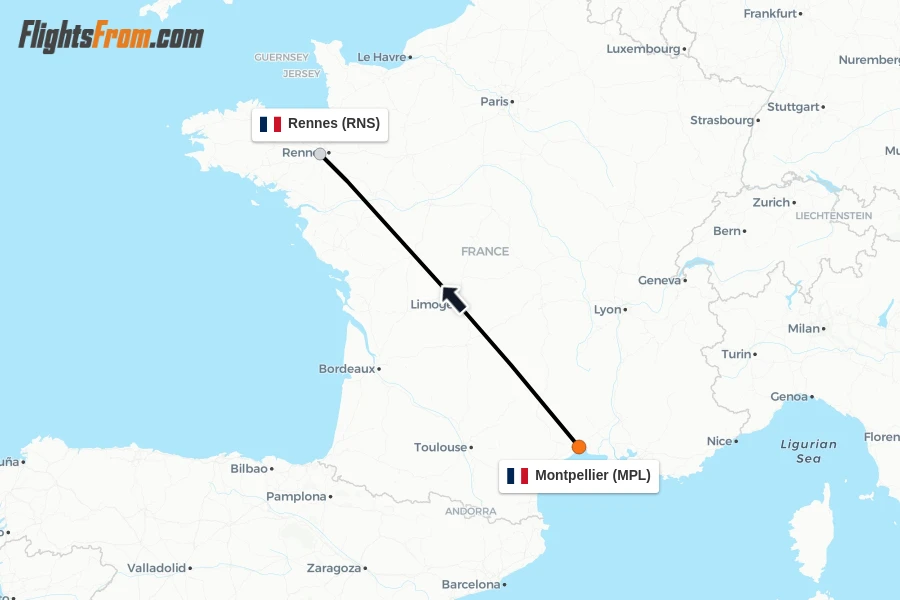 Flights from Montpellier to Rennes route map