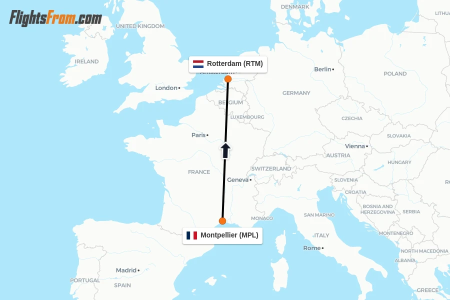 Flights from Montpellier to Rotterdam route map