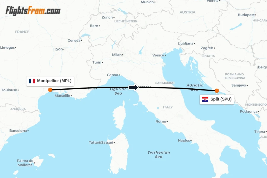 Flights from Montpellier to Split route map