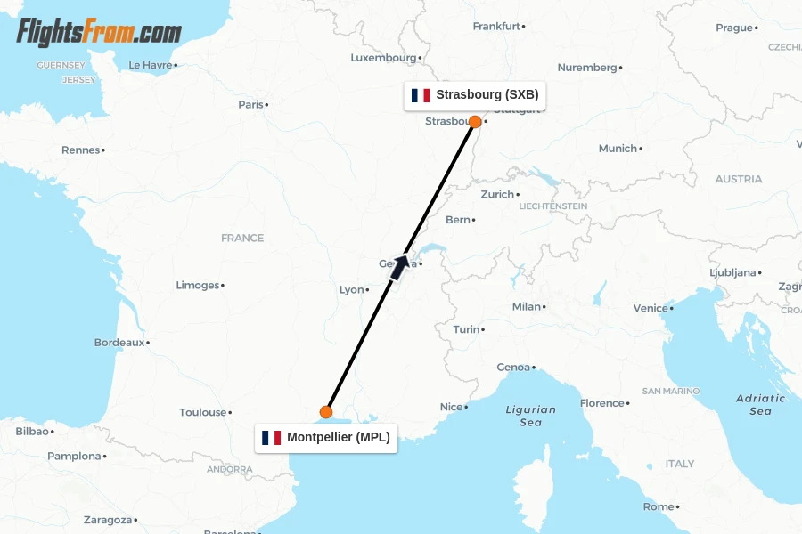Flights from Montpellier to Strasbourg route map