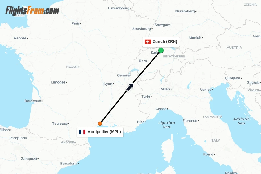 Flights from Montpellier to Zurich route map