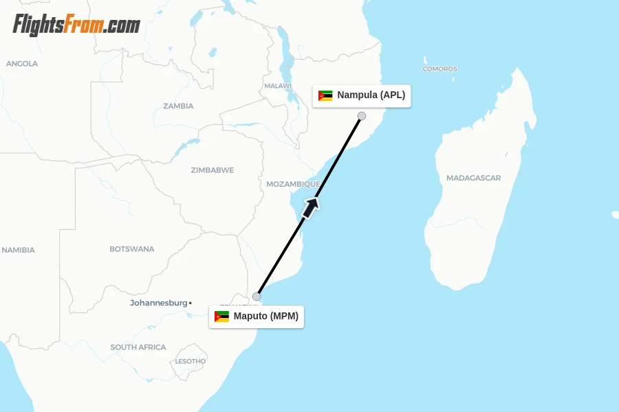 Flights from Maputo to Nampula route map
