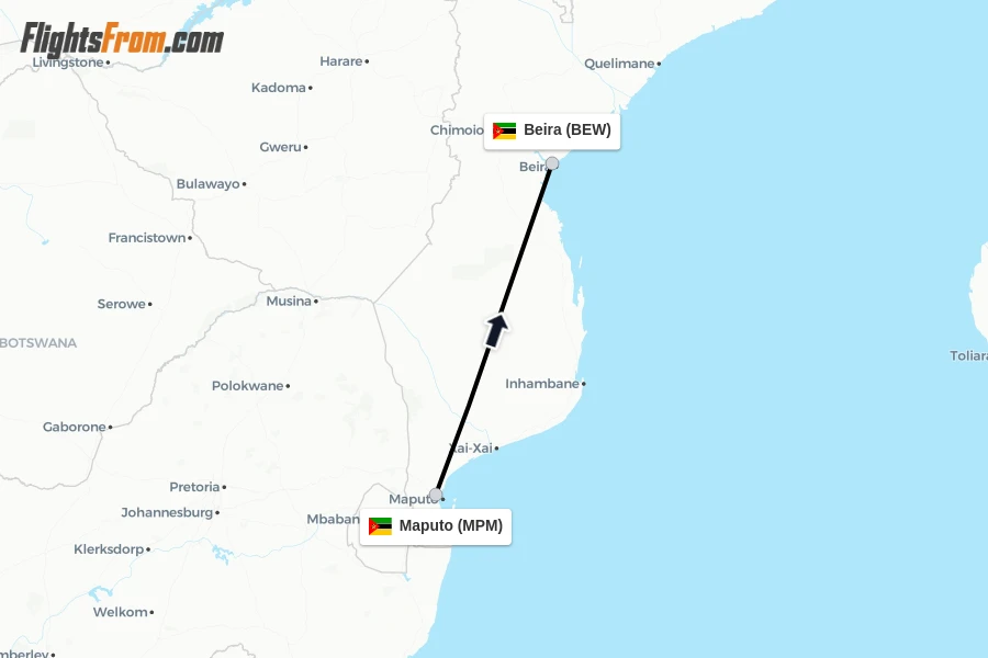 Flights from Maputo to Beira route map