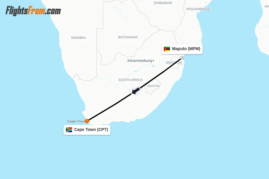 Flights from Maputo to Cape Town route map