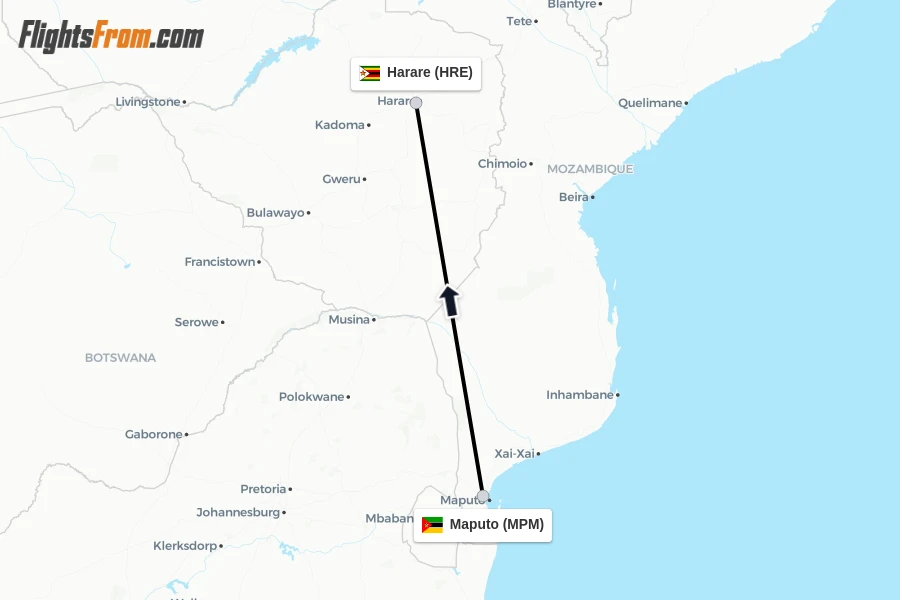 Flights from Maputo to Harare route map