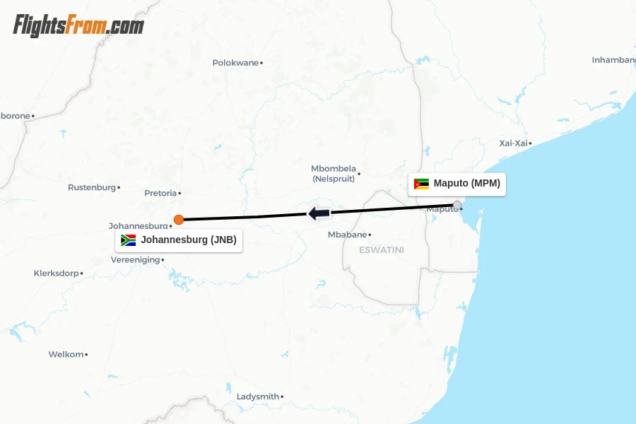 Flights from Maputo to Johannesburg route map