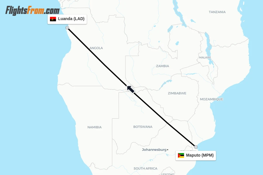 Flights from Maputo to Luanda route map