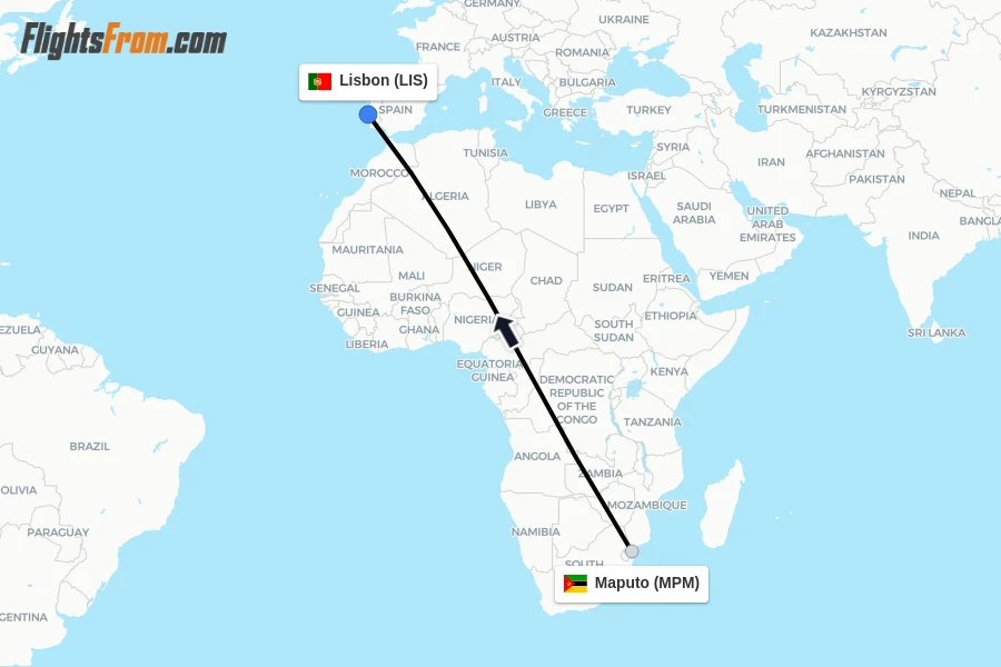 Flights from Maputo to Lisbon route map