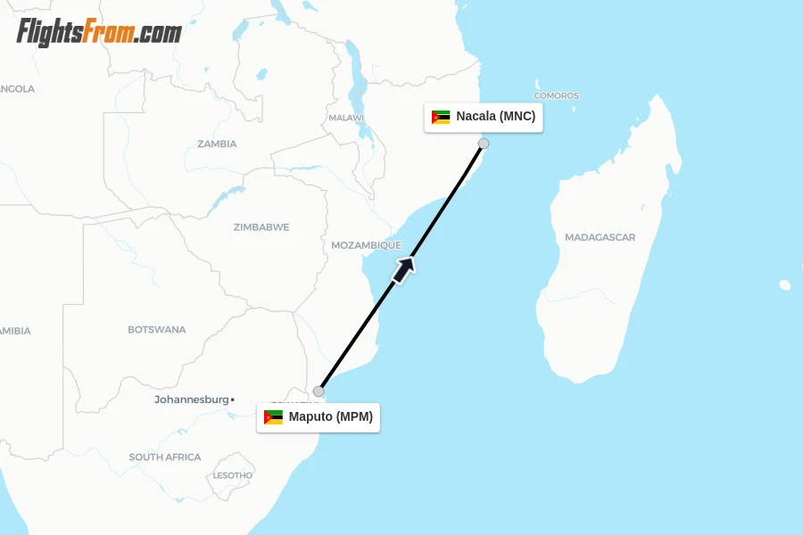 Flights from Maputo to Nacala route map
