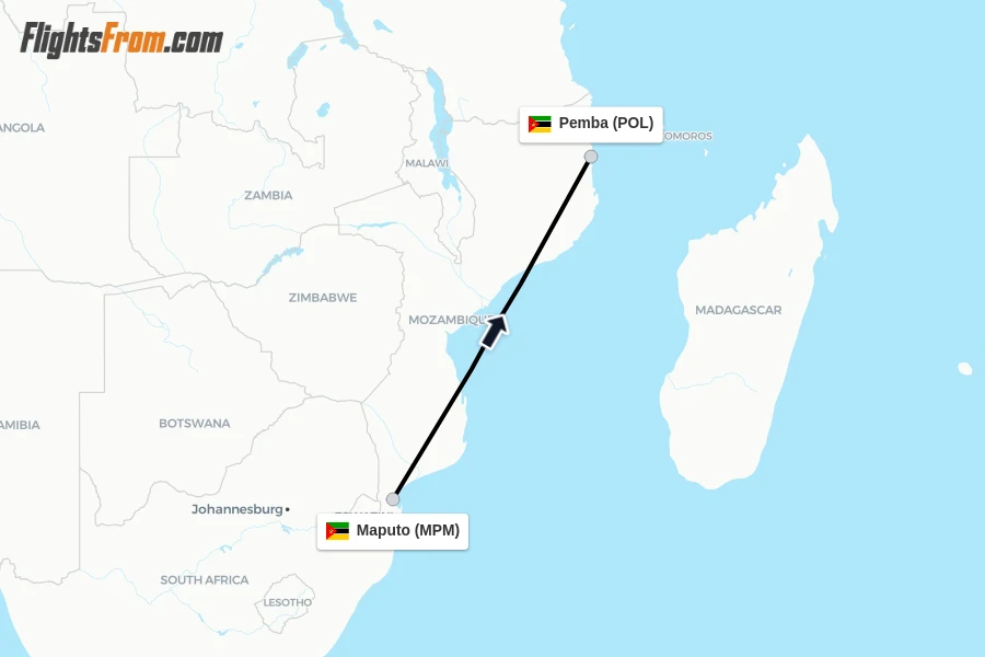 Flights from Maputo to Pemba route map