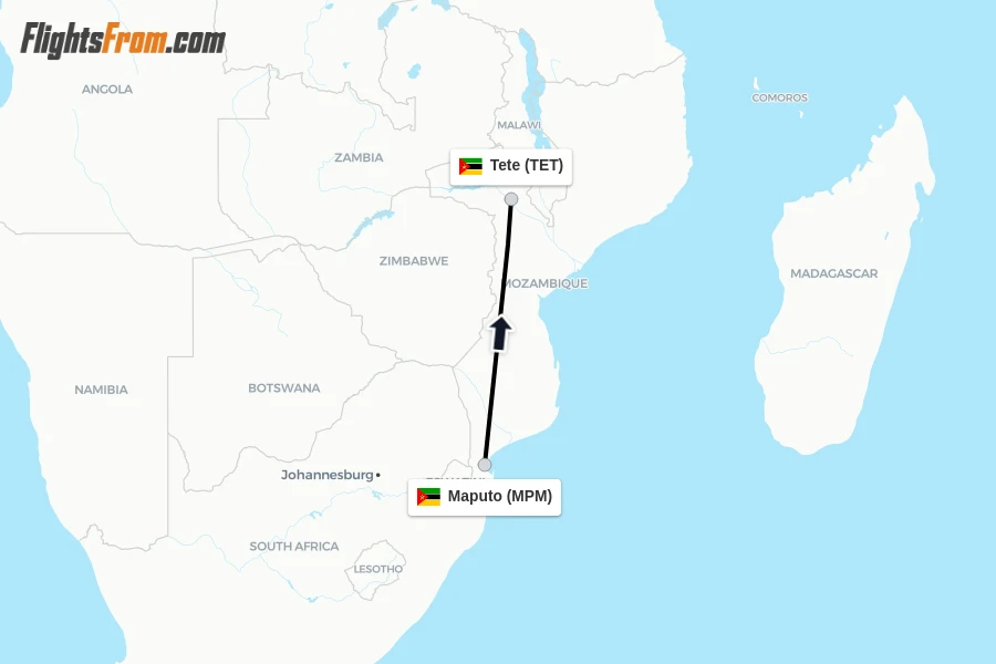 Flights from Maputo to Tete route map