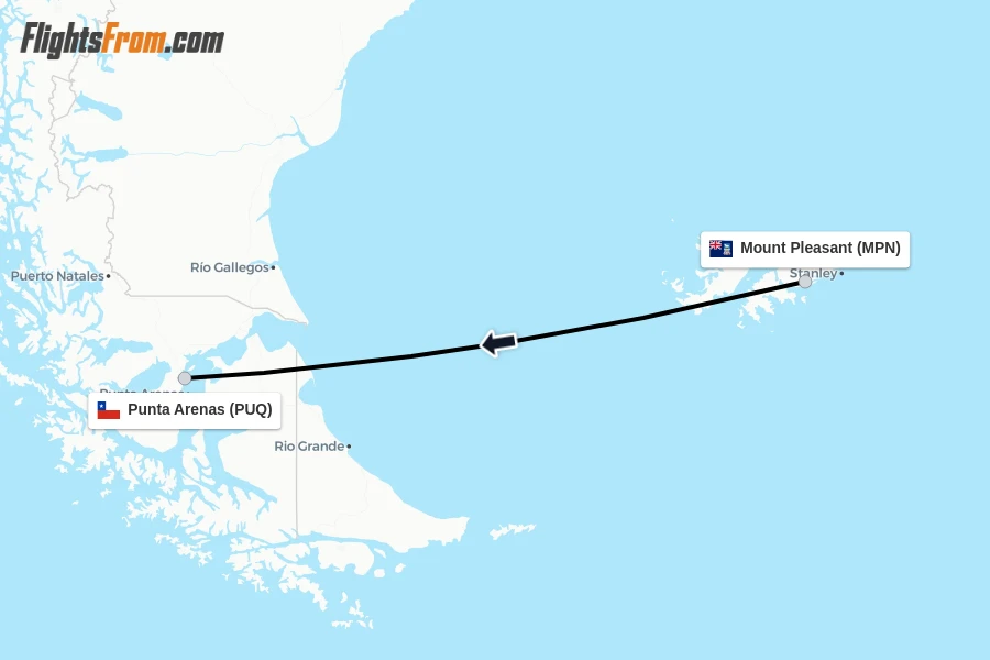 Flights from Mount Pleasant to Punta Arenas route map