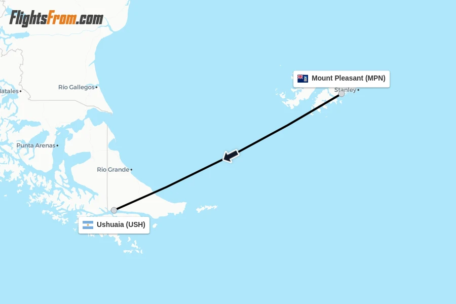Flights from Mount Pleasant to Ushuaia route map