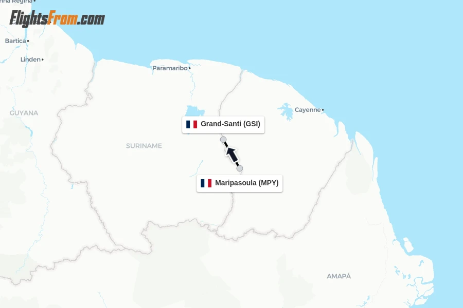 Flights from Maripasoula to Grand-Santi route map