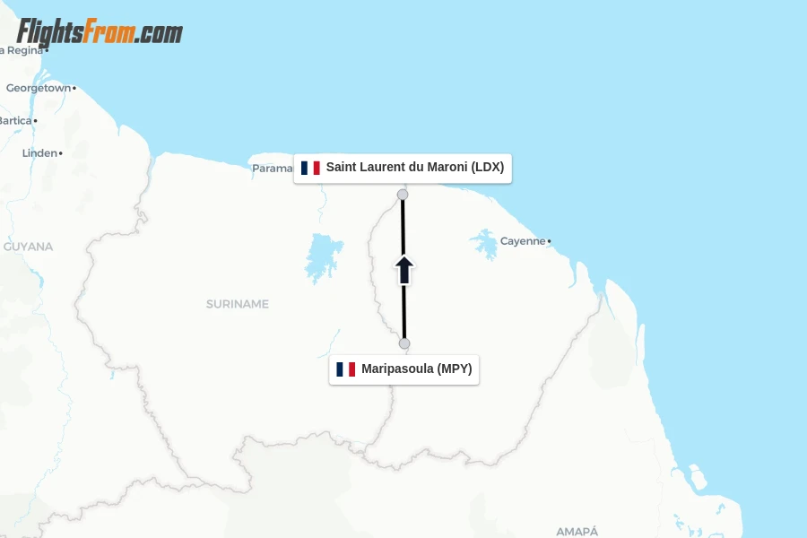 Flights from Maripasoula to Saint Laurent du Maroni route map