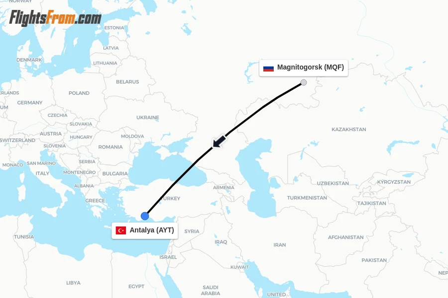 Flights from Magnitogorsk to Antalya route map