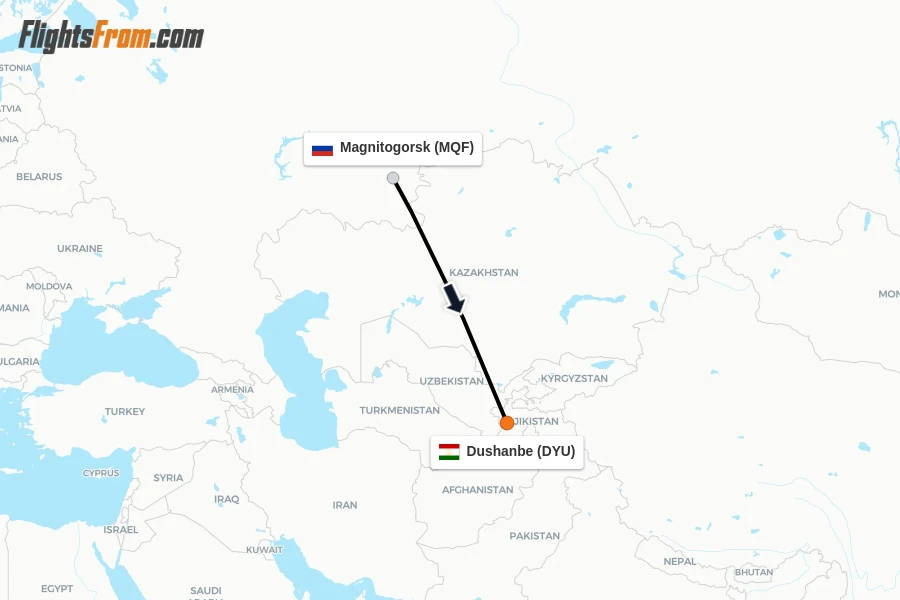 Flights from Magnitogorsk to Dushanbe route map