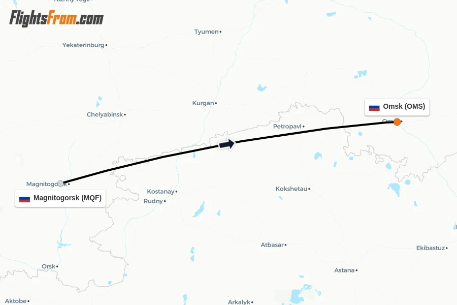 Flights from Magnitogorsk to Omsk route map
