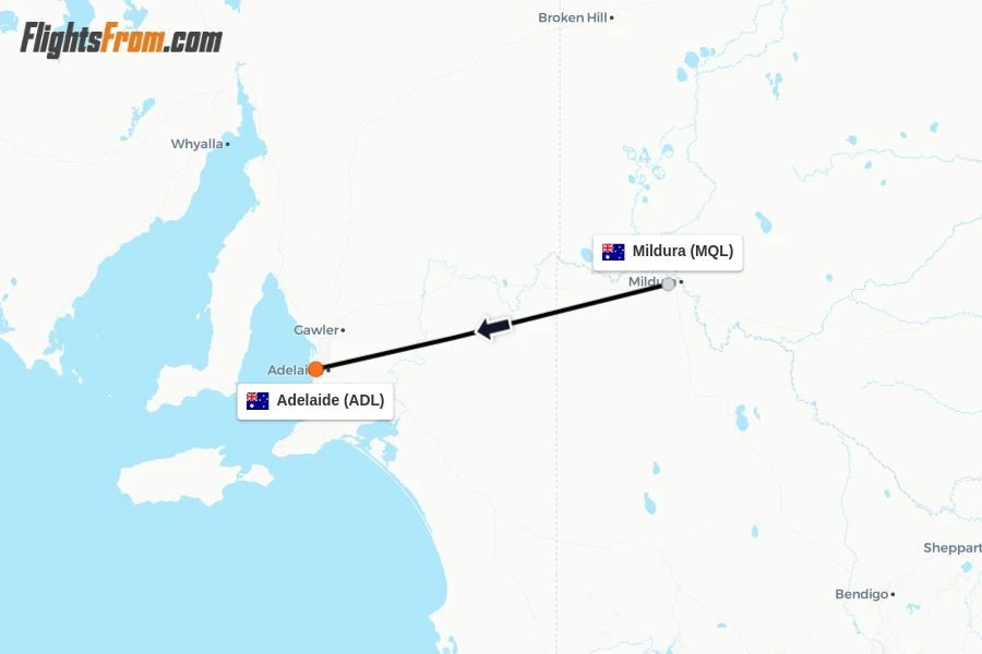 Flights from Mildura to Adelaide route map