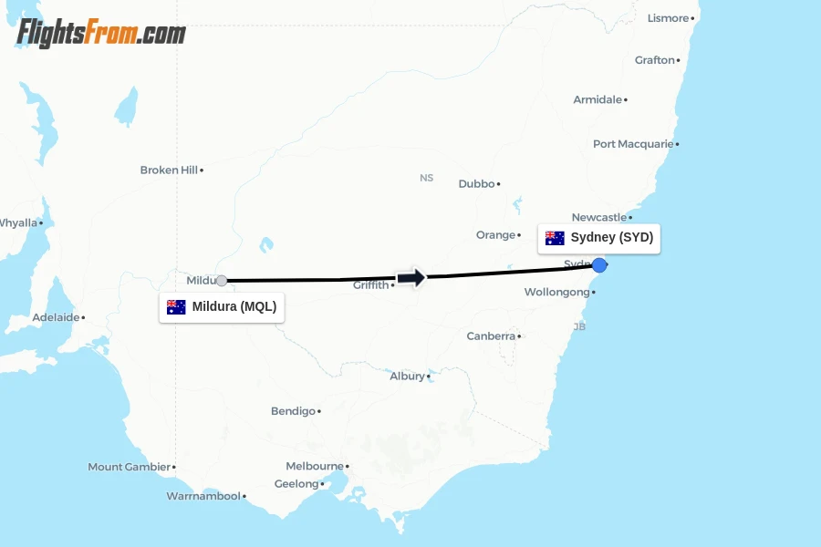 Flights from Mildura to Sydney route map