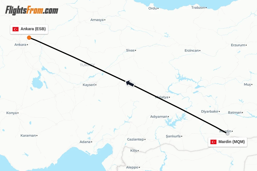 Flights from Mardin to Ankara route map