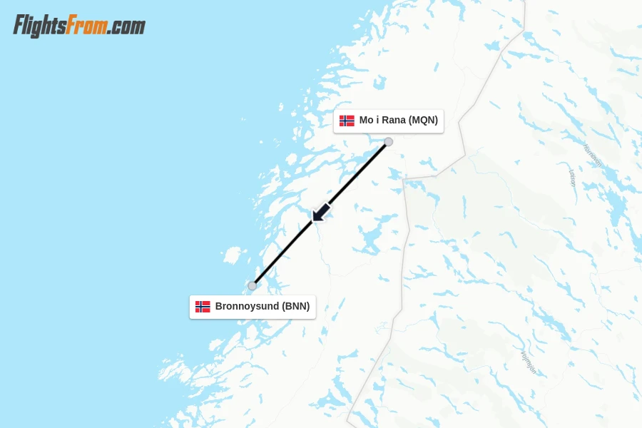 Flights from Mo i Rana to Bronnoysund route map