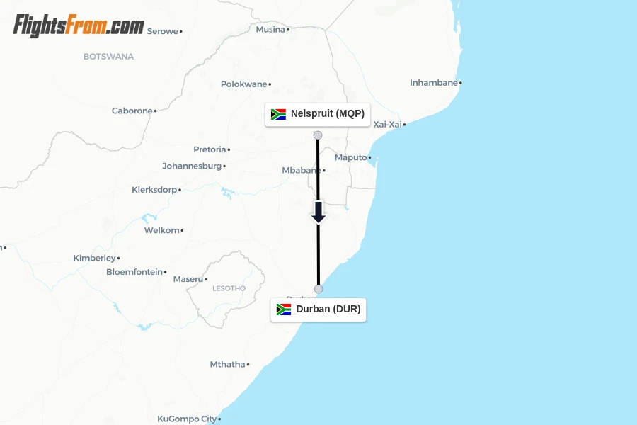 Flights from Nelspruit to Durban route map