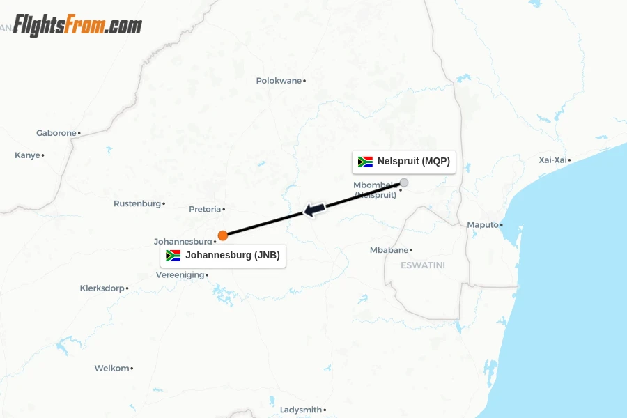 Flights from Nelspruit to Johannesburg route map