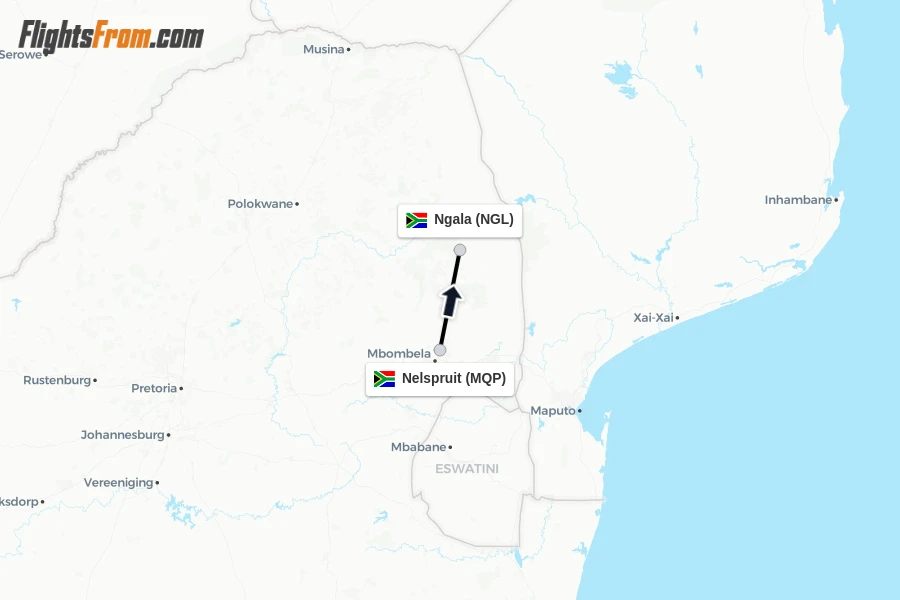 Flights from Nelspruit to Ngala route map