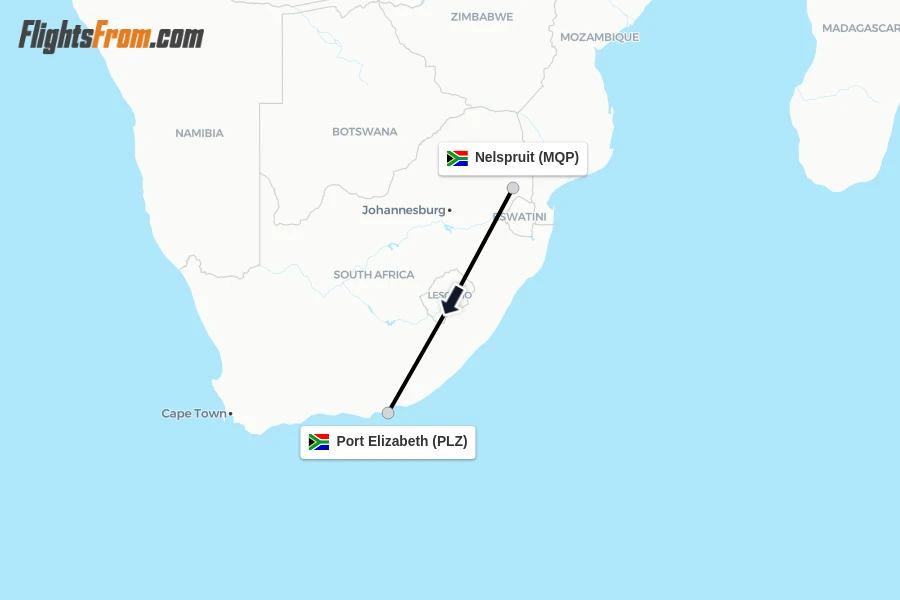 Flights from Nelspruit to Port Elizabeth route map