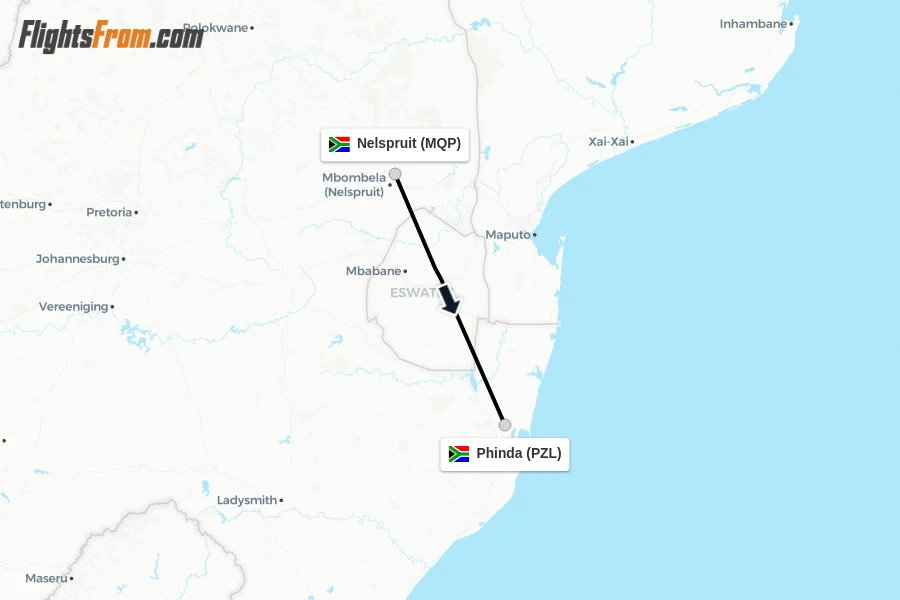 Flights from Nelspruit to Phinda route map