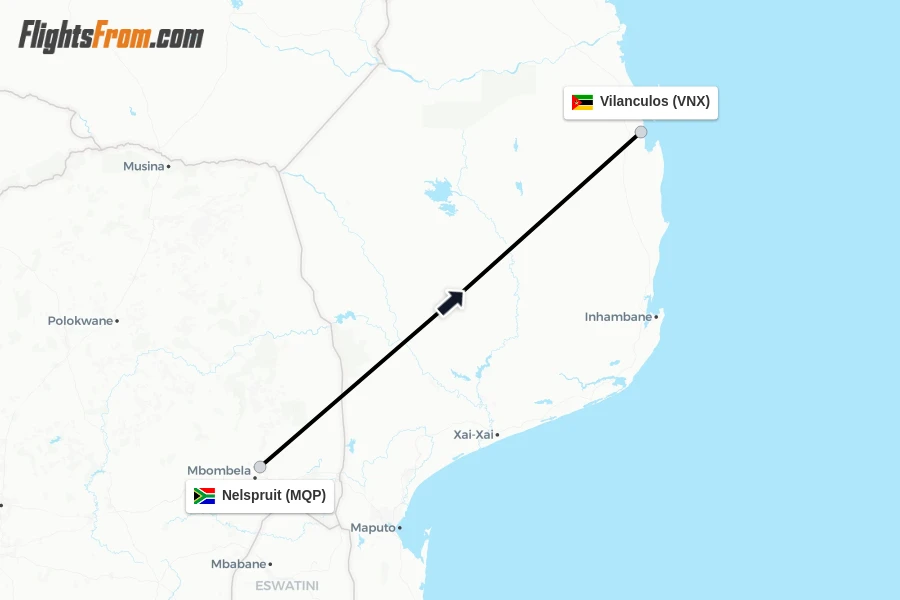 Flights from Nelspruit to Vilanculos route map