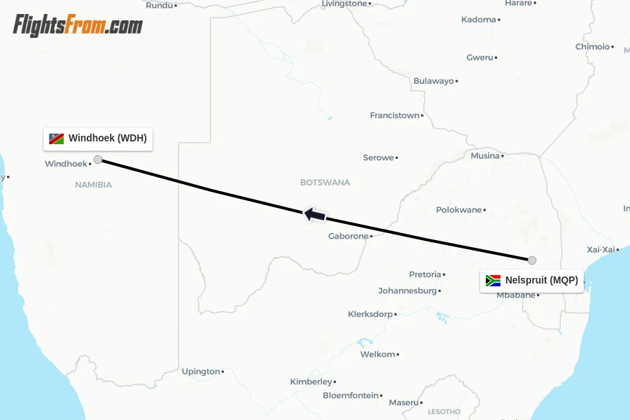 Flights from Nelspruit to Windhoek route map
