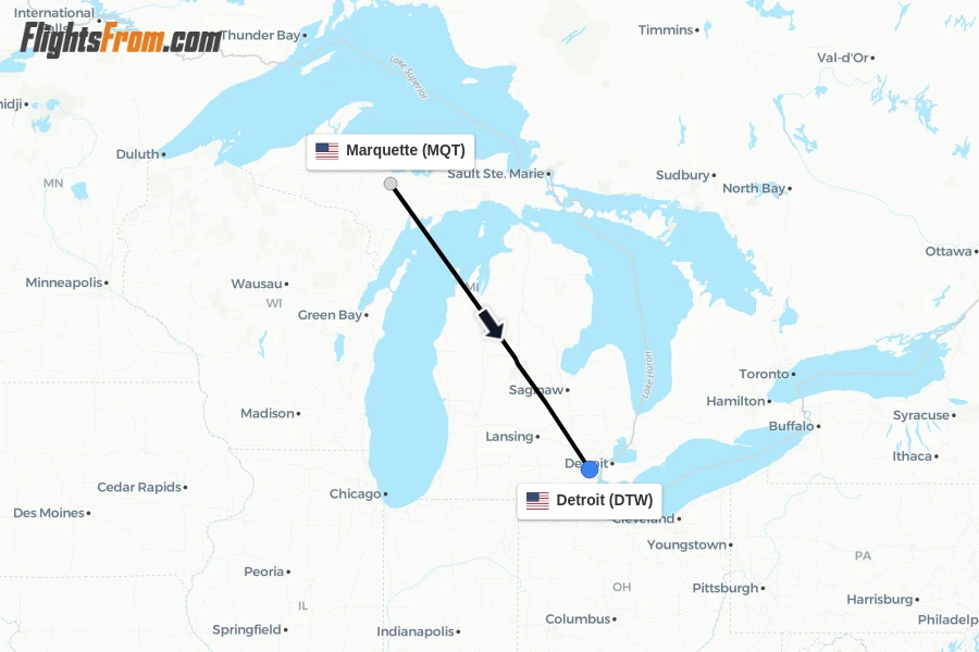 Flights from Marquette to Detroit route map