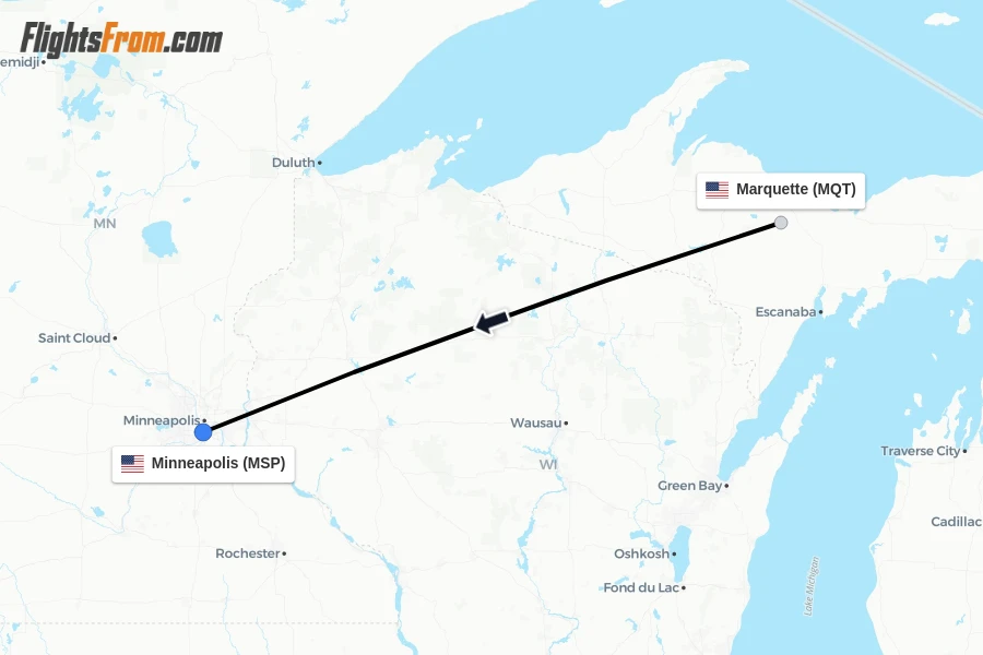 Flights from Marquette to Minneapolis route map